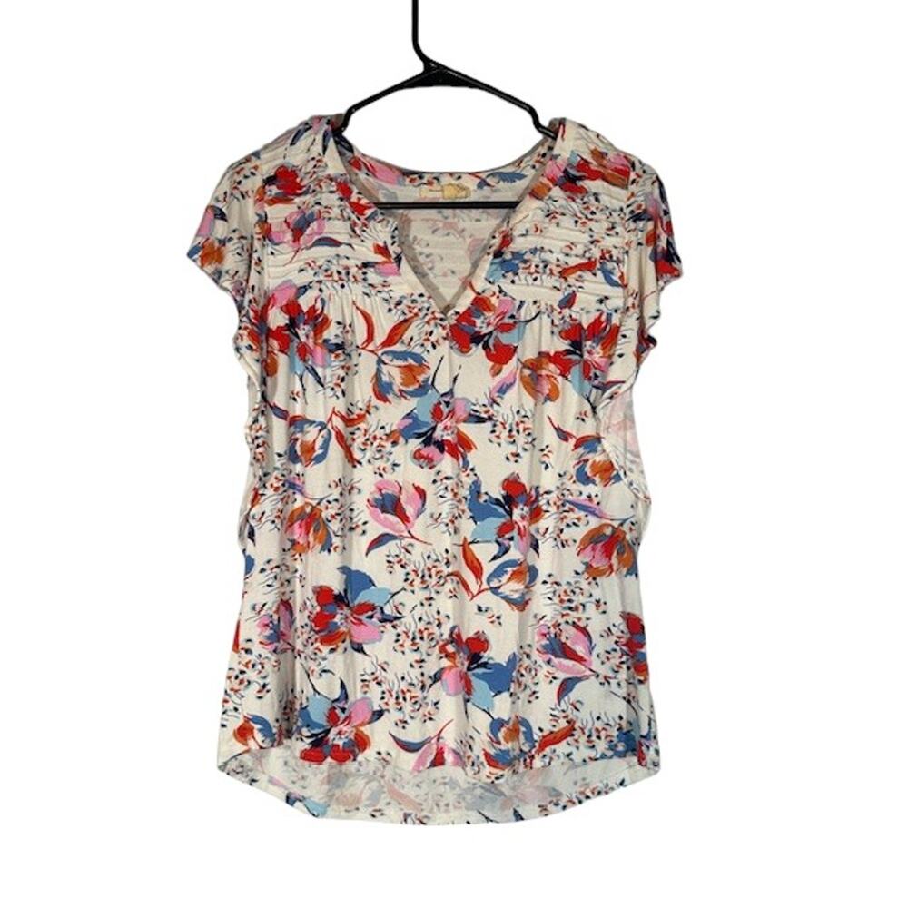 Meadow Rue White Multicolor Floral Short Sleeve V-Neck Blouse Women Sz S